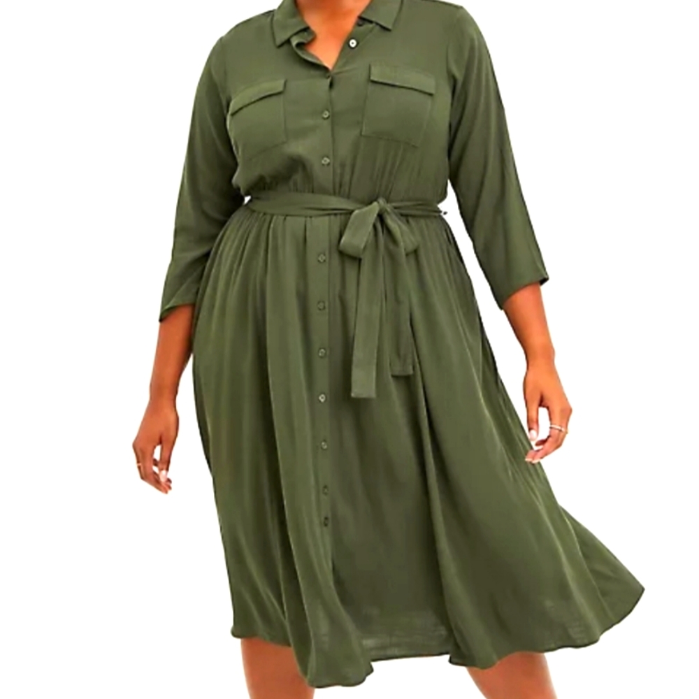 BELTED MIDI SHIRT DRESS - TEXTURED STRETCH RAYON OLIVE